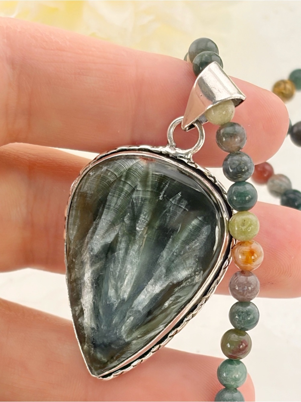 Seraphinite Pendant Pear Agate Necklace Vintage Style Sterling Silver 925 Overla